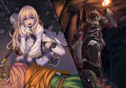  1boy 2girls arm_up armor arrow_(projectile) arrow_in_body black_gloves black_skirt blonde_hair blood blood_on_clothes blue_eyes boots breastplate crying crying_with_eyes_open gloves glowing glowing_eye goblin goblin_slayer goblin_slayer! hair_between_eyes helmet highres holding holding_sword holding_weapon injury kannatsuki_noboru long_hair lossy-lossless lying miniskirt multiple_girls novel_illustration official_art on_stomach open_mouth orange_hair priestess_(goblin_slayer!) red_eyes skirt staff sword tears thigh_boots thighhighs urine visor_(armor) weapon white_footwear wizard_(goblin_slayer!) 