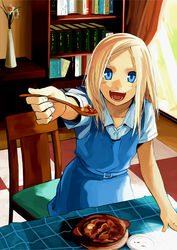  :d blonde_hair blue_eyes bookshelf commentary_request feeding female food highres incoming_food long_hair looking_at_viewer open_mouth original smile solo spoon torii_yoshitsuna 