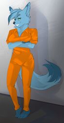  anthro biped blue_body blue_fur canid canine canis crossed_arms fangs female full-length_portrait fur hi_res kittentits looking_at_viewer mammal orange_jumpsuit portrait prison_uniform prisoner simple_background smile solo standing teeth wolf 