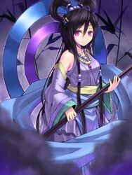  black_hair commentary_request detached_sleeves female izanami_(p&amp;d) long_hair okeriba purple_eyes puzzle_&amp;_dragons solo 