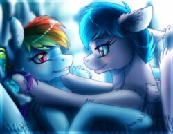  2015 blue_body blue_feathers blue_fur blush duo equid equine eye_contact feathered_wings feathers female female/female feral firefly_(pre-g4) friendship_is_magic fur hair hasbro hi_res inuhoshi-to-darkpen looking_at_another mammal mlp_g1 multicolored_hair my_little_pony my_little_pony_&#039;n_friends mythological_creature mythological_equine mythology past_meets_present pegasus pink_body pink_feathers pre-g4 rainbow_dash_(mlp) rainbow_hair square_crossover wings 