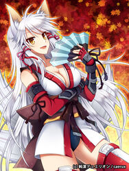  animal_ears black_panties breasts cleavage commentary_request elbow_gloves female fox_ears fox_tail gloves hand_fan japanese_clothes junketsu_duelion large_breasts long_hair mauve multiple_tails official_art original panties photoshop_(medium) solo tail thighhighs underwear white_hair yellow_eyes 