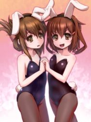  2girls alternate_costume animal_ears bare_shoulders brown_eyes brown_hair collarbone commentary_request fake_animal_ears flat_chest folded_ponytail gradient_background hair_between_eyes hairband highres holding_hands ikazuchi_(kancolle) inazuma_(kancolle) interlocked_fingers kantai_collection leotard long_hair looking_at_viewer multiple_girls off_shoulder pantyhose playboy_bunny rabbit_ears rabbit_tail short_hair tail wavy_mouth you_naka 