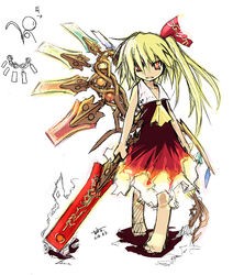  ascot bad_id bad_pixiv_id barefoot blonde_hair female flandre_scarlet full_body hakoniwa_tsuka long_hair looking_at_viewer photoshop_(medium) red_eyes simple_background solo touhou weapon white_background 