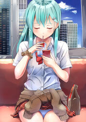  absurdres aqua_hair bag byte_(allbyte) cellphone closed_eyes commentary_request drink fast_food female hair_ornament hairclip highres kantai_collection long_hair panties pantyshot paper_bag phone plaid plaid_scrunchie school_uniform scrunchie sitting solo suzuya_(kancolle) underwear wrist_scrunchie 