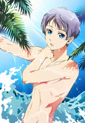  1boy blue_eyes commentary_request free! grey_hair highres male_focus mole mole_under_eye nattou-toufu nitori_aiichirou open_mouth photoshop_(medium) solo topless_male water wet 