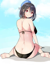  ass beret bikini black_hair butt_crack commentary_request female from_behind gaichi hat kantai_collection red_eyes short_hair solo swimsuit takao_(kancolle) 