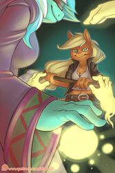  2:3 anthro applejack_(mlp) atane27 belt clothed clothing digital_media_(artwork) duo earth_pony equid equine female freckles friendship_is_magic hair hasbro hi_res holding_object holding_weapon horse long_hair lyra_heartstrings_(mlp) mammal my_little_pony patreon patreon_logo pony text url weapon 