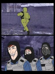  4boys :o animan animanstudios axel_in_harlem big_ass black_eyes brown_hair chernobyl clothed gas_mask looking_at_ass male male_only meme non-nude outdoors outside public s.t.a.l.k.e.r. safe_for_work tactical_gear tactical_vest vamonos_de_fiesta_a_factory walking 