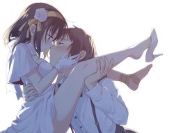  1boy black_pants brown_eyes brown_hair commentary_request couple dress female flower from_side gloves hair_flower hair_ornament hairband high_heels highres kyon long_sleeves looking_at_another medium_hair official_alternate_costume pants ribbon shirt shoes short_hair simple_background single_shoe straight suspender_pants suzumiya_haruhi suzumiya_haruhi_no_yuuutsu taiki_(6240taiki) white_background white_dress white_gloves white_shirt white_shoes yellow_hairband yellow_ribbon 