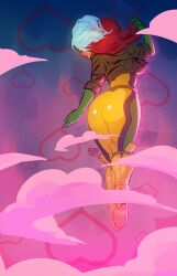  artist_name ass ass_focus cloud cropped_jacket female floating gloves green_gloves heart highres levitation looking_down marvel multicolored_hair rogue_(x-men) ross_the_redx shiny_clothes solo x-men 