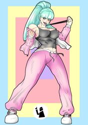  1girls alternate_costume alternate_hairstyle black_panties black_thong breasts clothing darkstalkers female female_only fully_clothed gym_coach_morrigan highleg_panties highleg_thong large_breasts legs morrigan_aensland ponytail sirska solo succubus 