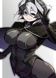  big_breasts black_and_white_hair black_clothing black_eyes blush cape female female_only fully_clothed gloves kingofbandit156 looking_at_viewer made_in_abyss ozen pale-skinned_female pale_skin short_hair smile solo tight_clothing two_tone_hair v wide_hips 