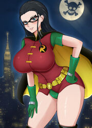  1girls batman_(series) black_hair blue_eyes breasts city dc dc_comics female female_only fully_clothed hand_on_hip hi_res hips huge_breasts light-skinned_female light_skin long_hair mask nico_robin one_piece outdoors post-timeskip sleeptopi slim_waist smile solo thick_thighs thighs wide_hips 