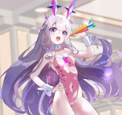  absurdres breasts carrot chest_jewel collar colored_inner_hair detached_collar female fueppu grey_hair hair_flaps hand_on_own_hip highres holding holding_carrot hololive hololive_english jewel_under_eye koseki_bijou leotard long_hair looking_at_viewer multicolored_hair nail_polish open_mouth pink_hair pink_leotard pink_nails playboy_bunny purple_eyes sidelocks small_breasts smile solo teeth upper_teeth_only very_long_hair virtual_youtuber white_collar white_wrist_cuffs wrist_cuffs 