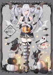  asymmetrical_legwear bare_shoulders black_dress black_footwear candle creature demon demon_girl dress female full_body ghost grey_hair hair_over_one_eye halloween happy_halloween highres holding horns jack-o&#039;-lantern large_horns long_hair long_sleeves looking_at_viewer mito_amatsu off-shoulder_shirt off_shoulder original parted_lips pumpkin shirt silk solo spider_web striped_clothes striped_thighhighs thighhighs 