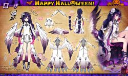  brown_background character_name commentary_request dare_ga_tame_no_alchemist dress female floral_print flower from_behind full_body hair_flower hair_ornament halloween_costume happy_halloween long_hair looking_at_viewer mikan_ame_(gumi) official_alternate_costume official_art purple_hair purple_petals reference_sheet rosa_(dare_ga_tame_no_alchemist) second-party_source simple_background sitting standing straight-on white_dress white_flower 