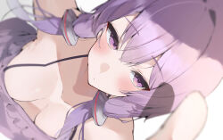  absurdres bare_shoulders blurry blurry_foreground blush breasts chiriakuta_hai cleavage closed_mouth collarbone commentary depth_of_field downblouse dress female foreshortening from_above hair_between_eyes hair_ornament halterneck highres looking_at_viewer medium_breasts purple_dress purple_eyes purple_hair reaching reaching_towards_viewer short_hair_with_long_locks sidelocks simple_background sleeveless solo upper_body voiceroid white_background yuzuki_yukari 