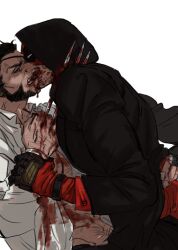  2boys abs beard biting_another&#039;s_tongue black_gloves blood blood_from_mouth blood_on_clothes blood_on_weapon chest_hair claw_(weapon) clenched_hand deadpool deadpool_&amp;_wolverine deadpool_(series) eyepatch facial_hair gloves hashtag-only_commentary highres hood hood_up impaled jacket kissing long_sleeves male_focus marvel marvel_cinematic_universe mask_lift mature_male mcbuckwheat multiple_boys muscular muscular_male official_alternate_costume open_clothes open_shirt pants pectorals red_mask scar shirt short_hair stab teeth violence weapon wolverine_(x-men) x-men yaoi 