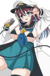  bikini bikini_top_only black_bikini blue_neckerchief blush breasts brooch brown_hair female green_eyes half-dress hat highres jewelry large_breasts loco_musica long_hair looking_at_viewer mahou_shoujo_ni_akogarete microphone multicolored_hair neck_tattoo neckerchief sailor_collar sideless_dress simple_background skirt smile star_brooch star_tattoo streaked_hair swimsuit tattoo thighhighs v white_background 