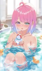  ahoge bathing bathtub blush commentary_request female gradient_hair green_eyes heterochromia highres himemori_luna holding hololive indoors knees_up looking_at_object looking_down loup multicolored_hair nail_polish nose_blush nude official_alternate_hairstyle open_mouth partially_submerged pink_hair pink_nails purple_eyes purple_hair rubber_duck short_hair sitting solo steam subaru_duck virtual_youtuber water wet 