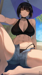  absurdres antenna_hair bare_legs bare_shoulders barefoot bikini black_bikini black_choker black_hair breasts choker cleavage closed_mouth collarbone colored_inner_hair commentary denim denim_shorts earrings female female_rover_(wuthering_waves) hair_ornament hair_ribbon hairclip highres jewelry large_breasts legs leppib looking_at_viewer multicolored_hair navel ribbon rover_(wuthering_waves) short_hair shorts sitting solo stomach swimsuit white_hair wuthering_waves yellow_eyes yellow_ribbon 