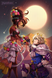  2girls ascot bare_shoulders black_gloves blonde_hair blue_shirt brown_hair dark_skin desert fire_emblem fire_emblem_engage from_side full_moon gloves gzei highres knighting looking_at_another merrin_(fire_emblem) moon multiple_girls night night_sky outdoors shirt skirt sky smile timerra_(fire_emblem) white_ascot white_skirt 