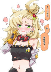  arm_behind_back black_shirt blonde_hair blush breasts commentary_request crop_top detached_sleeves female gloves goggles goggles_around_neck green_eyes hair_bun hair_flaps hair_ornament hairclip long_sleeves looking_at_viewer messy_hair navel nodachi_(artist) piper_wheel rectangular_mouth shirt shy sidelocks simple_background single_hair_bun small_breasts solo speech_bubble spiked_shirt stomach sweat thick_eyebrows translation_request upper_body white_background white_sleeves yellow_gloves zenless_zone_zero 