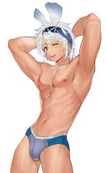  1boy abs absurdres armpits arms_up bana_gameg black_hairband blue_male_underwear bulge dark-skinned_male dark_skin genderswap_(ftm) genshin_impact hairband highres looking_at_viewer male_focus male_underwear mualani_(genshin_impact) muscular muscular_male navel nipples one_eye_closed open_mouth red_eyes rule_63 short_hair smile solo stomach symbol-shaped_pupils underwear white_background white_hair 