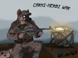  absurd_res anthro artist_name beastars canid canine canis carni_herbi_war chauchat clothing crouching day fur gun hat headgear headwear hi_res holding_object holding_weapon humanoid hyena machine_gun male mammal military military_cap military_uniform outside pouches pupils ranged_weapon shadow shooting_gun signature simple_background soldier soldier_uniform solo tail text topwear uniform war warrior warzone weapon world_war_1 