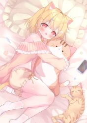  animal_ear_fluff animal_ears ass blonde_hair bloomers blush cat_ears cellphone dot_nose feline female fish_hair_ornament frilled_pillow frilled_shirt_collar frills hair_ornament highres hinosech long_sleeves looking_at_viewer lying multicolored_hair neck_ribbon no_shoes on_bed on_side open_clothes open_mouth open_shirt orange_shirt original phone pillow red_eyes ribbon shirt short_hair smartphone smile socks solo star_(symbol) star_hair_ornament streaked_hair stuffed_animal stuffed_cat stuffed_toy white_socks wing_hair_ornament yellow_ribbon 