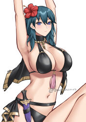  absurdres armpits arms_up bare_shoulders bikini black_bikini black_choker blue_eyes blue_hair breasts byleth_(female)_(fire_emblem) byleth_(female)_(summer)_(fire_emblem) byleth_(fire_emblem) choker cleavage commentary dagger female fire_emblem fire_emblem:_three_houses fire_emblem_heroes flower hair_between_eyes hair_flower hair_ornament hibiscus highres knife large_breasts long_hair looking_at_viewer navel obosounds red_flower simple_background solo stomach swimsuit weapon white_background 