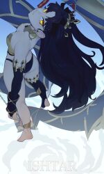  anklet ass asymmetrical_legwear black_hair breasts character_name earrings elbow_gloves fate/grand_order fate_(series) female from_above gloves highres hoop_earrings ishtar_(fate) jewelry long_hair razalor single_elbow_glove single_thighhigh small_breasts solo thighhighs tiara yellow_eyes 