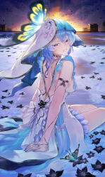  absurdres armlet bare_shoulders black_flower blake_bloom_(wuthering_waves) blue_hair blue_nails blue_veil breasts colored_eyelashes commentary dress female flower from_behind hair_between_eyes highres jewelry large_breasts leppib long_hair nail_polish outdoors parted_lips purple_eyes shoulder_blades sitting sleeveless sleeveless_dress smile solo the_shorekeeper_(wuthering_waves) two-tone_veil veil white_dress white_veil wuthering_waves 