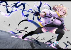  arknights black_thighhighs blonde_hair blue_tail breasts female heka=ton highres jacket large_breasts long_sleeves looking_at_viewer open_clothes open_jacket puffy_long_sleeves puffy_sleeves purple_eyes short_hair solo thighhighs utage_(arknights) white_jacket 