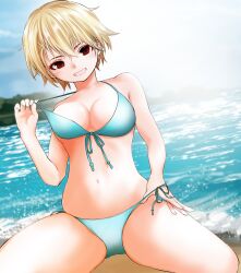  beach bikini bikini_bottom_pull bikini_top_pull blonde_hair blue_bikini blue_sky breasts commentary_request female front-tie_bikini_top front-tie_top grin highres kuroba_dam looking_at_viewer medium_breasts navel ocean original pulling_own_clothes red_eyes short_hair side-tie_bikini_bottom sitting sky smile solo stomach swimsuit water 