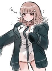  blush breasts brown_hair collared_shirt danganronpa_(series) danganronpa_2:_goodbye_despair female flipped_hair hair_ornament hood ikemen&#039;na_ore-shi jacket long_sleeves medium_hair nanami_chiaki neck_ribbon no_pants open_clothes open_jacket pink_eyes pink_ribbon ribbon shirt solo spaceship_hair_ornament untied_ribbon white_shirt 