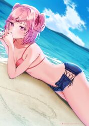  absurdres artist_name bare_shoulders beach bikini bikini_top_only blue_shorts blue_sky bob_cut breasts cleavage cloud collarbone commentary cutoffs day denim denim_shorts doki_doki_literature_club dutch_angle elbow_rest english_commentary eyelashes feet_out_of_frame female from_side hair_ornament hair_ribbon heart heart_hair_ornament highres interlocked_fingers lace-up looking_at_viewer looking_to_the_side lowleg lowleg_shorts lying mi_tarou0412 midriff mountainous_horizon nail_polish natsuki_(doki_doki_literature_club) no_panties ocean on_stomach open_clothes open_fly open_shorts outdoors own_hands_together parted_lips patreon_logo patreon_username pink_bikini pink_eyes pink_hair purple_nails red_ribbon ribbon sand sand_writing short_hair short_shorts shorts sky small_breasts solo swept_bangs swimsuit twitter_username two_side_up water 