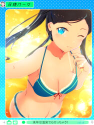  22/7 ;3 absurdres aqua_eyes bare_shoulders bikini bikini_tan black_hair breasts chat_log cleavage closed_mouth collarbone cowboy_shot dutch_angle fake_phone_screenshot fake_screenshot female frilled_bikini frills furoggu-gaburi green_bikini highres lens_flare looking_at_viewer navel nishiura_sora one_eye_closed orange_sky outdoors outstretched_arm reaching selfie sky solo sparkle string_bikini swimsuit tan tanlines two_side_up 