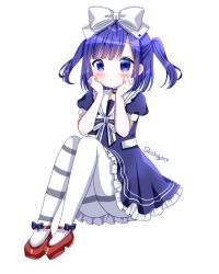  asymmetrical_legwear blue_dress blue_eyes blue_hair bow chocolat_(momoiro_piano) commentary_request dress female frilled_dress frilled_sailor_collar frills fuiba_fuyu full_body gochuumon_wa_usagi_desu_ka? hairbow knees_up mismatched_legwear pantyhose puffy_short_sleeves puffy_sleeves red_footwear sailor_collar sailor_dress shoes short_sleeves simple_background sitting solo striped_bow striped_clothes striped_pantyhose twitter_username two_side_up white_background white_bow white_sailor_collar 