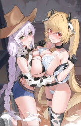  2girls absurdres animal_ears animal_print ass azur_lane bare_shoulders bell belt bikini black_bikini black_choker black_gloves blonde_hair blue_shorts blush braid breast_press breasts brown_hat choker cleavage closed_mouth cow_ears cow_horns cow_print cow_print_thighhighs cowbell cowboy_hat cutoffs denim denim_shorts detached_sleeves embarrassed fake_animal_ears fake_horns fargo_(azur_lane) fargo_(dairy_in_the_dreary_sun)_(azur_lane) from_side gloves green_eyes half_gloves hands_up hat highleg highleg_bikini highres horns kersaint_(a_saint&#039;s_mercy_can_do_no_wrong)_(azur_lane) kersaint_(azur_lane) large_breasts long_hair long_sleeves looking_at_viewer looking_to_the_side micro_shorts multiple_girls nose_blush official_alternate_costume parted_lips print_thighhighs qing_wu red_eyes short_shorts shorts skindentation sleeveless smile standing string_bikini sweatdrop swimsuit symmetrical_docking thigh_strap thighhighs thighs twin_braids twintails very_long_hair white_bikini white_hair white_shrug white_thighhighs 