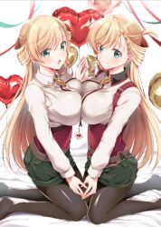  2girls :o aqua_eyes araragi_ayune balloon black_pantyhose blonde_hair blush bolo_tie braid breast_press breasts clone closed_mouth collared_shirt commentary_request from_side green_shorts heart_balloon holding_hands isshiki-san_wa_koi_wo_shiritai. kneeling large_breasts long_hair long_sleeves looking_at_viewer multiple_girls no_shoes open_mouth pantyhose pantyhose_under_shorts rinna_milford shirt shorts smile swept_bangs symmetrical_docking white_shirt 