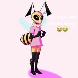  2024 antennae_(anatomy) anthro arthropod arthropod_abdomen bee black_body black_exoskeleton black_eyes bodily_fluids bottomless breasts cel_shading clothed clothing digital_media_(artwork) emoji english_text exoskeleton eyebrows featureless_feet feet female fingers full-length_portrait fur hi_res hymenopteran index_to_index insect_wings insects medium_breasts multicolored_body pink_background pink_clothing pink_shirt pink_topwear portrait pupils ruff shaded shadow shirt shirt_only simple_background solo standing stinger sweat sweatdrop talons_tw tan_body tan_fur text three-quarter_view topwear topwear_only white_pupils white_text wings yellow_body 