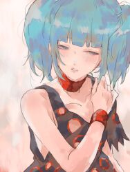  aqua_eyes aqua_hair bare_shoulders black_dress blunt_bangs choker cyanea dress female gravity_daze highres light_blush looking_to_the_side no31990 parted_lips red_choker short_twintails simple_background sleeveless solo sweat twintails upper_body white_background 