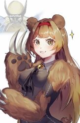  animal_ears animal_hands ascot bear_ears bear_girl bear_paws black_ascot black_bodysuit bodysuit brooch covered_nipples cowboy_shot e.g.o_(project_moon) female hairband highres jewelry library_of_ruina looking_at_viewer malkuth_(project_moon) marvel nomuyo_pm project_moon red_hairband solo sparkle the_forgotten_(e.g.o) wolverine_(x-men) yellow_gemstone 