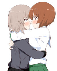  2girls absurdres artist_request blue_eyes blush brown_eyes brown_hair girls_und_panzer highres hug itsumi_erika kuromorimine_school_uniform medium_hair multiple_girls nishizumi_miho ooarai_school_uniform school_uniform short_hair white_hair yuri 