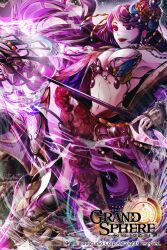  aura copyright_name dress english_text female grand_sphere hat holding holding_staff long_hair mage_staff magic na_(sodium) navel official_art parted_lips purple_eyes purple_hair solo staff star_(symbol) watermark weapon wizard 