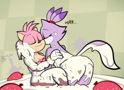  absurd_res amy_rose anthro ass big_butt blazamy blaze_the_cat closed_eyes clothing cuddling domestic_cat duo eulipotyphlan felid feline felis female female/female food food_fetish food_play fruit gloves handwear headcannon hedgehog hi_res lesbian_couple mammal messy pastry plant relaxed_expression sebaku sega ship simple_background sonic_the_hedgehog_(series) splat strawberry strawberry_shortcake_(food) swimwear tail vehicle wam watercraft 