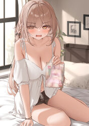  bare_shoulders bed black_bow black_shorts blush bow braid breasts brown_eyes brown_hair censored cleavage collarbone day eyes_visible_through_hair female hair_over_one_eye hairbow highres holding imouto-chan_(monaka_curl) indoors large_breasts looking_at_viewer monaka_curl mosaic_censoring navel oerba_yun_fang off_shoulder on_bed open_mouth original shorts single_braid sitting solo thighs 