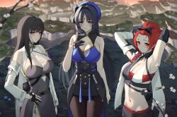  3girls armpits arms_up baizhi_(wuthering_waves) bangs_pinned_back bare_shoulders beret black_dress black_gloves black_hair black_pantyhose black_shirt blue_hat blush bow braid breasts chest_sarashi chixia_(wuthering_waves) cleavage closed_mouth clothes_around_waist collarbone commentary cowboy_shot crop_top detached_sleeves dress elbow_sleeve eyeliner feather_hair flower forehead_tattoo freckles gloves green_eyes grin groin hair_between_eyes hair_ornament hairbow half_gloves hand_on_own_chest hand_on_own_hip hat hat_bow highres large_breasts long_hair looking_at_viewer makeup midriff multicolored_hair multiple_girls navel outdoors pangu_terminal_(wuthering_waves) pantyhose parted_bangs partially_fingerless_gloves red_eyeliner red_eyes red_hair red_shorts revision sarashi see-through see-through_cleavage shirt shirt_around_waist shorts side_braid sidelocks single_bare_shoulder single_detached_sleeve single_glove sleeveless sleeveless_dress smile standing streaked_hair tabard tacet_mark_(wuthering_waves) teeth two-tone_hair underbust white_hair white_sleeves wuthering_waves yangyang_(wuthering_waves) ziroqon 